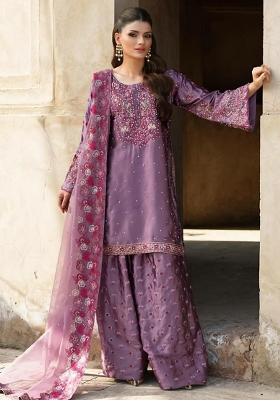 Purple Embroidery Blended Kurta Set