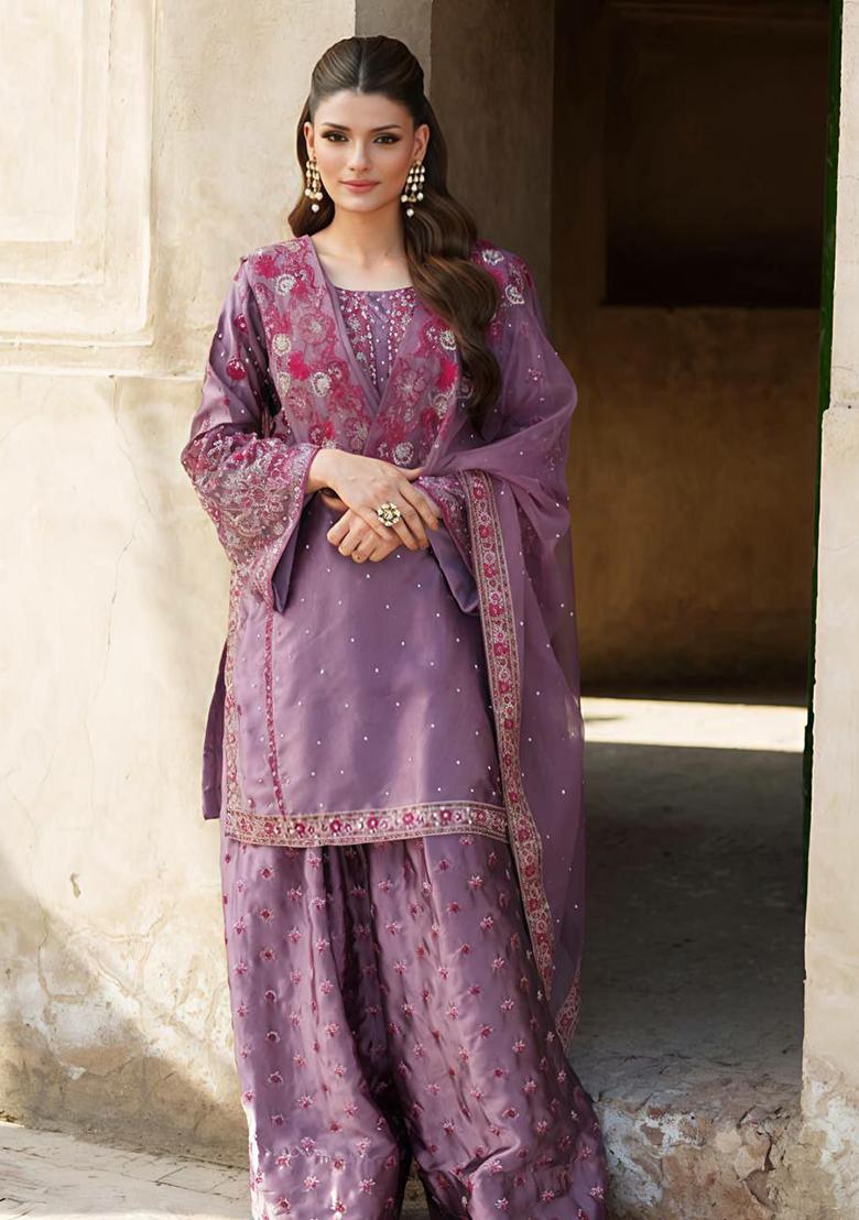 Purple Embroidery Blended Kurta Set - Indya