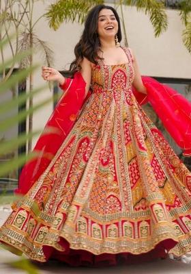 Orange Printed Blended Kurta Set