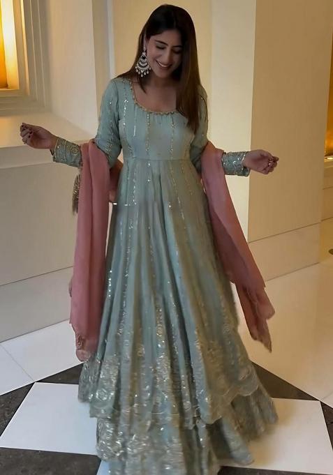 Blue Embroidery Blended Kurta Set