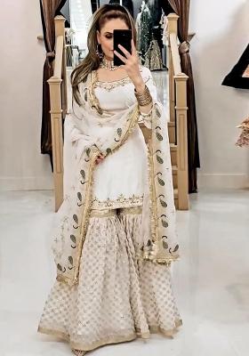 Off White Embroidery Blended Kurta Set