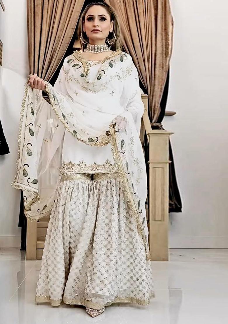 Off White Embroidery Blended Kurta Set - Indya