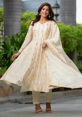 Off White Embroidery Blended Kurta Set