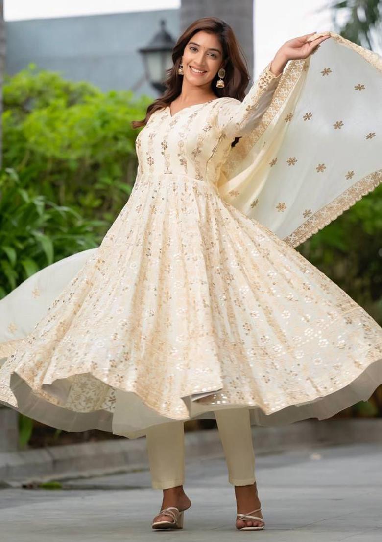 Off White Embroidery Blended Kurta Set - Indya