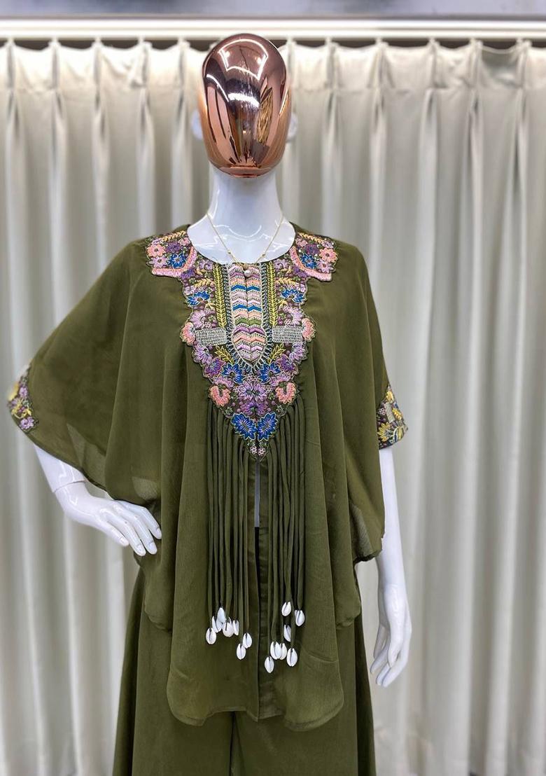 Green Embroidery Blended Kurta Set - Indya