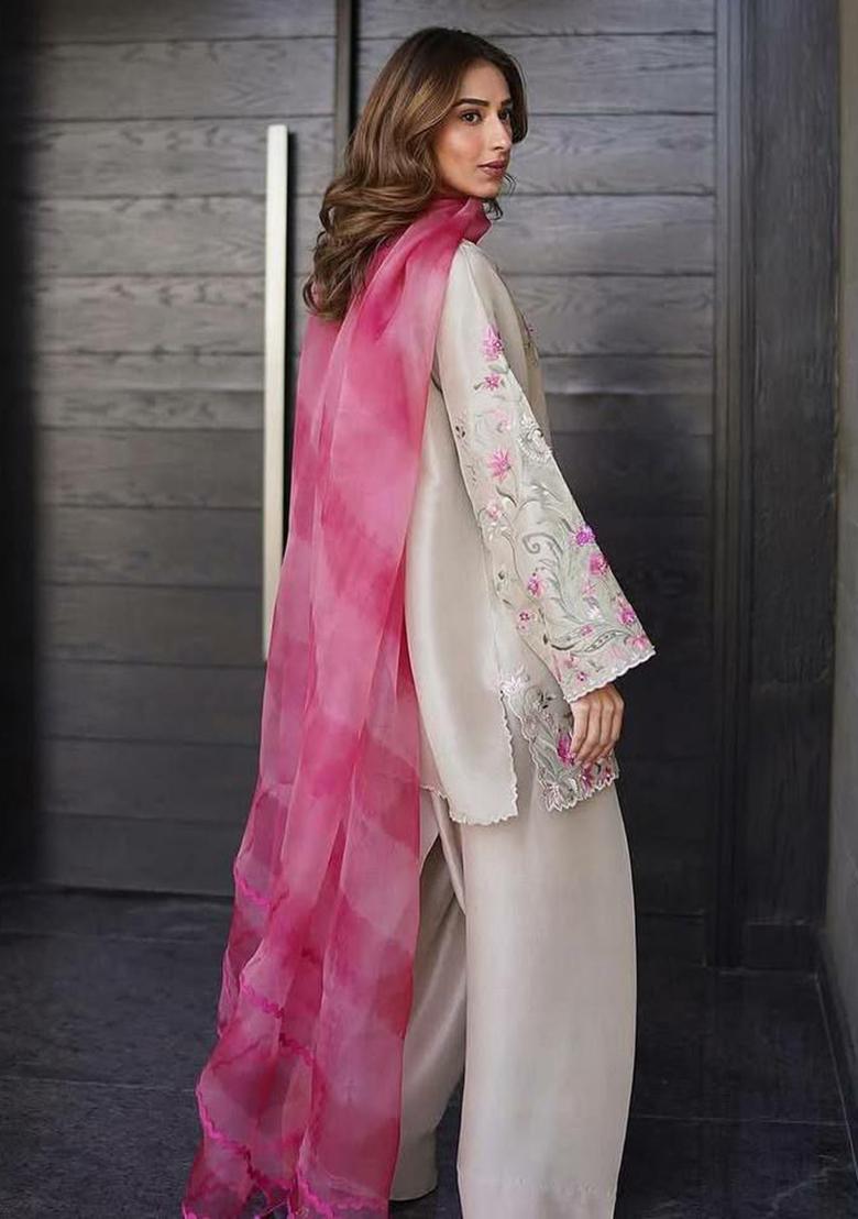 Cream Embroidery Blended Kurta Set - Indya