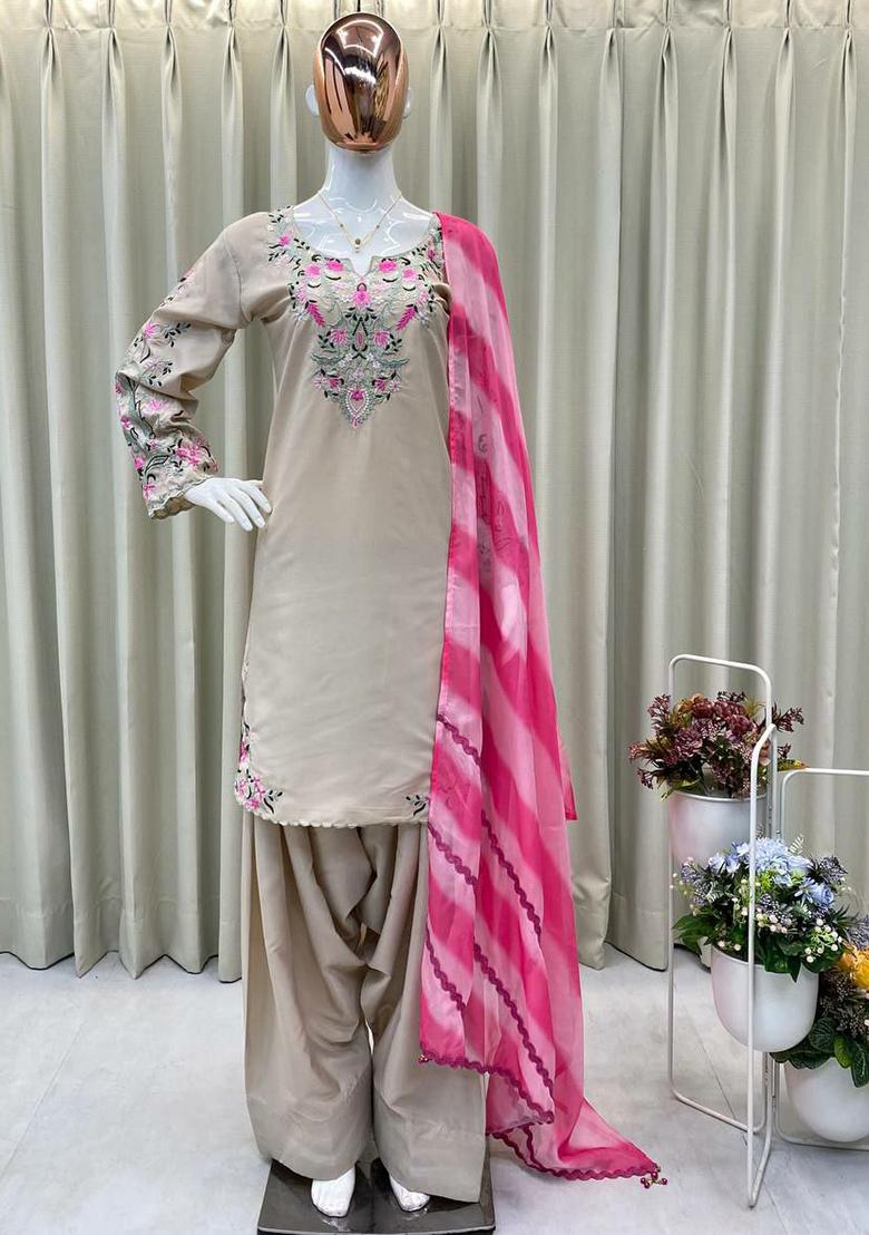Cream Embroidery Blended Kurta Set - Indya