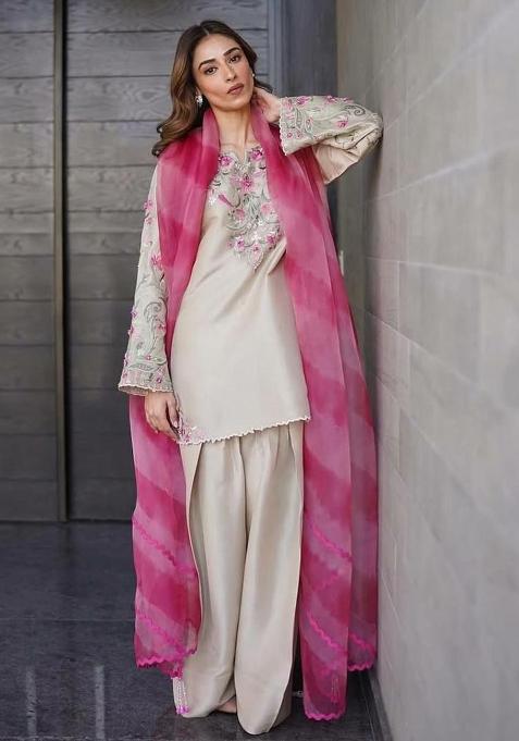 Cream Embroidery Blended Kurta Set