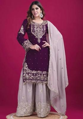 Purple Embroidery Blended Kurta Set