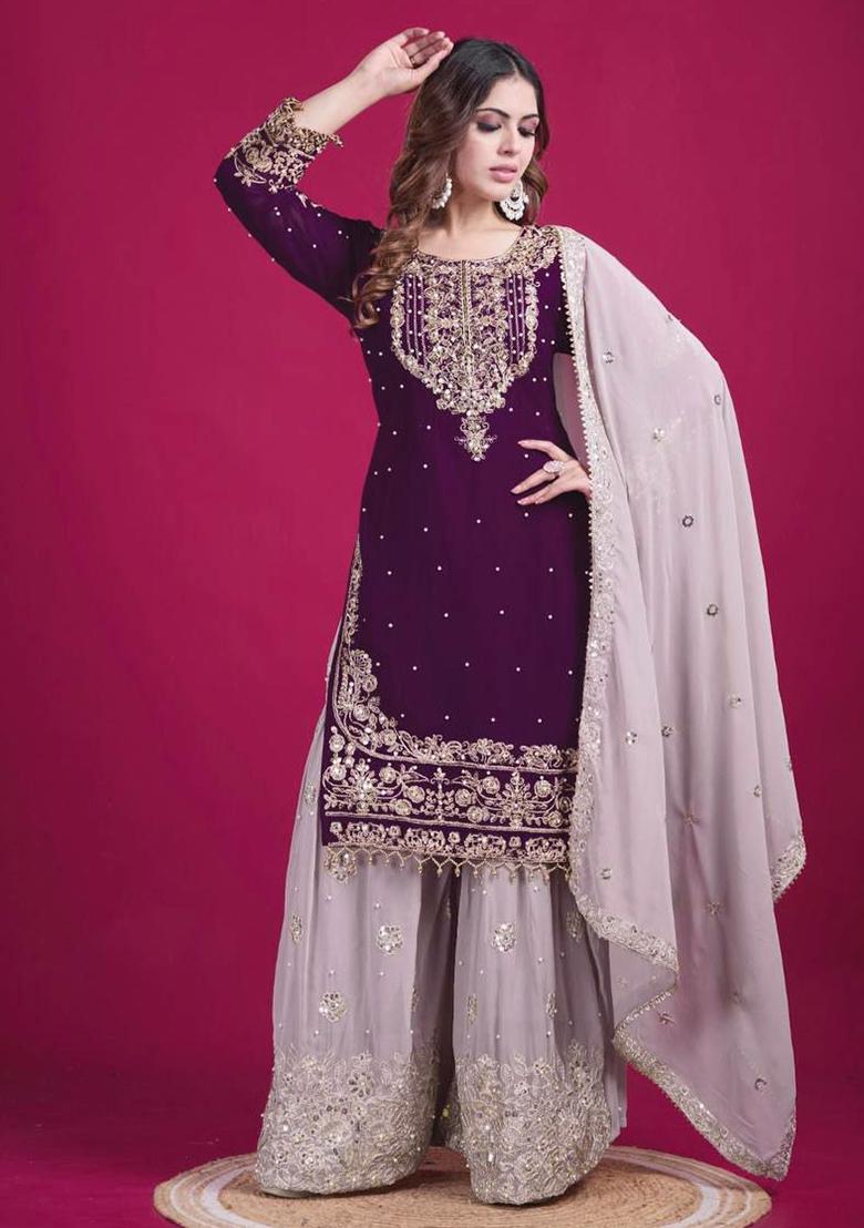 Purple Embroidery Blended Kurta Set - Indya