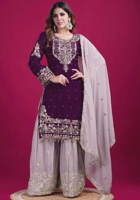 Purple Embroidered Blended Sharara Set