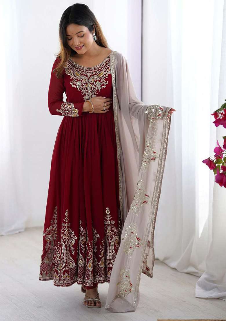 Red Embroidered Blended Anarkali Set - Indya