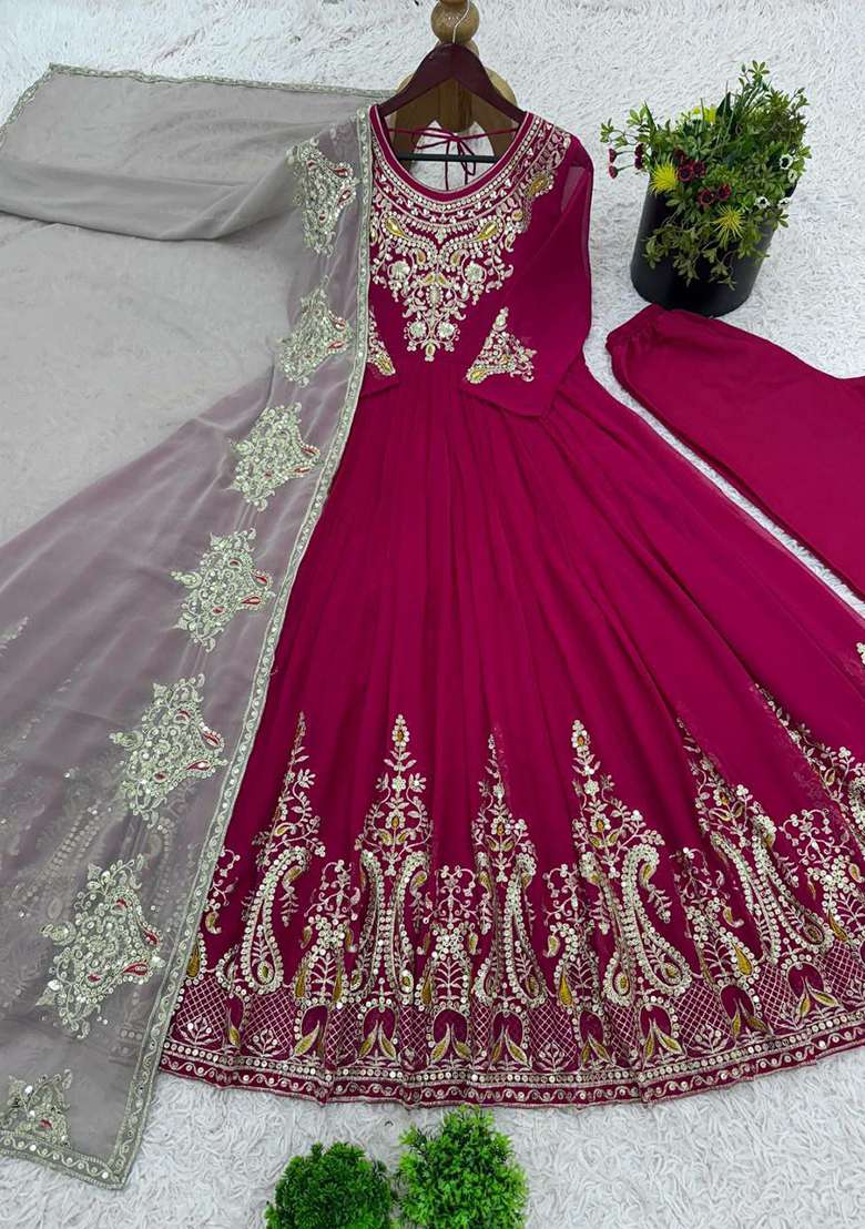 Red Embroidered Blended Anarkali Set - Indya