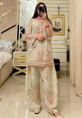 Off White Printed Blended Kurta Set