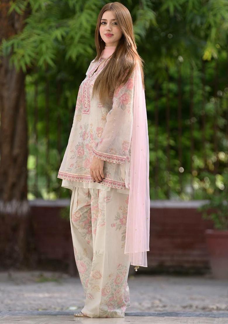 Off White Printed Blended Kurta Set - Indya