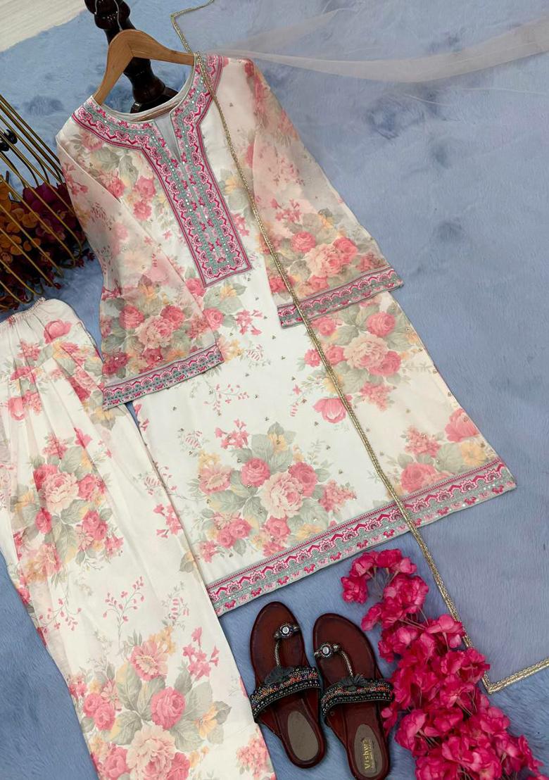 Off White Printed Blended Kurta Set - Indya