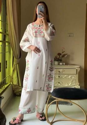Off White Embroidery Blended Kurta Set