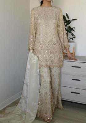 Cream Embroidery Blended Kurta Set