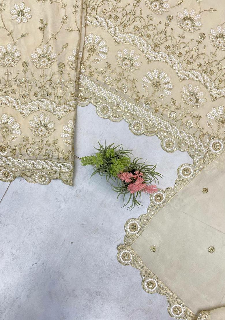 Cream Embroidery Blended Kurta Set - Indya