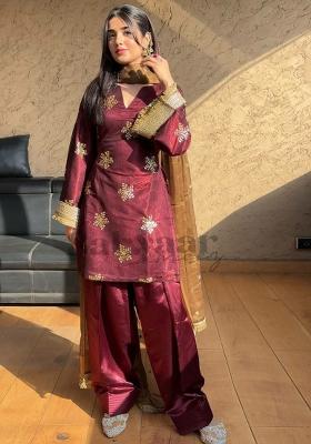 Maroon Embroidery Blended Kurta Set