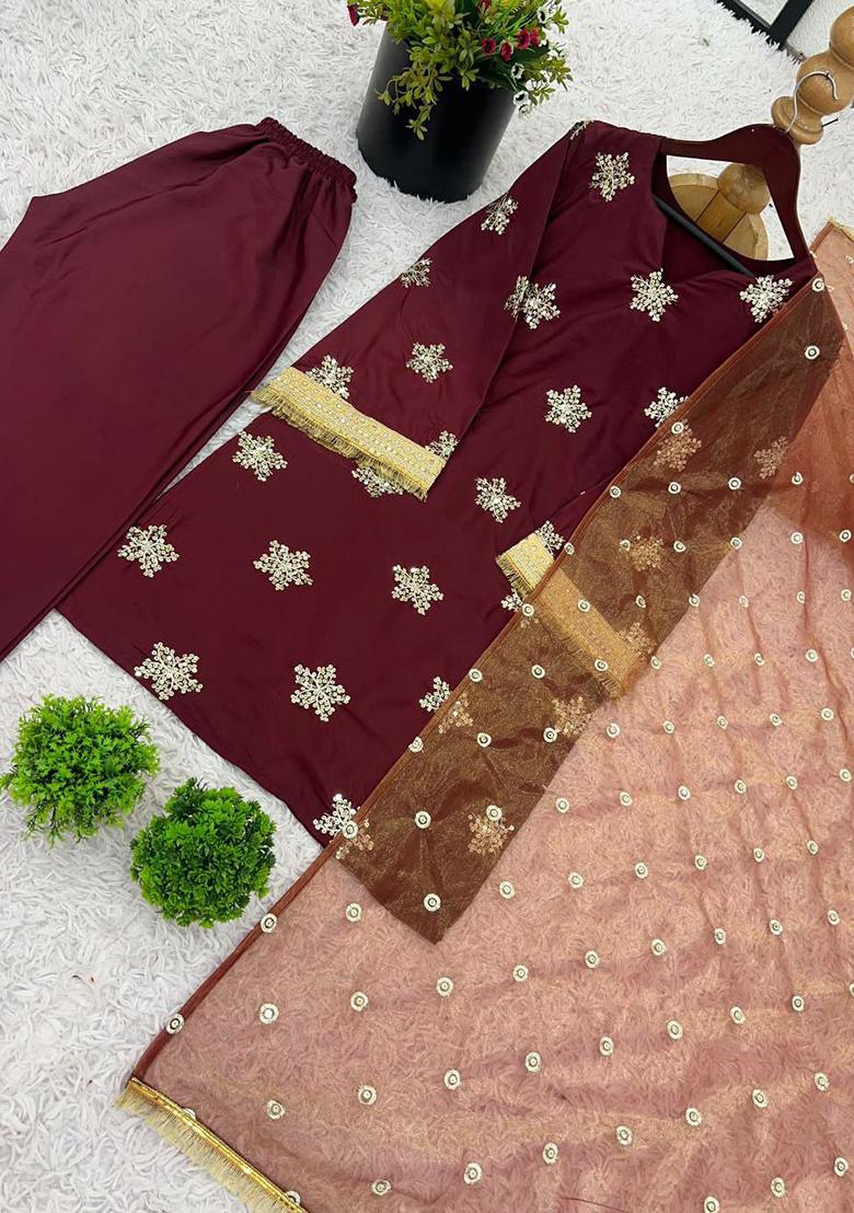 Maroon Embroidery Blended Kurta Set - Indya
