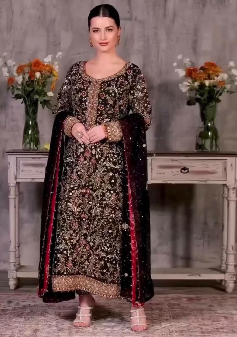 Black Embroidery Blended Kurta Set - Indya