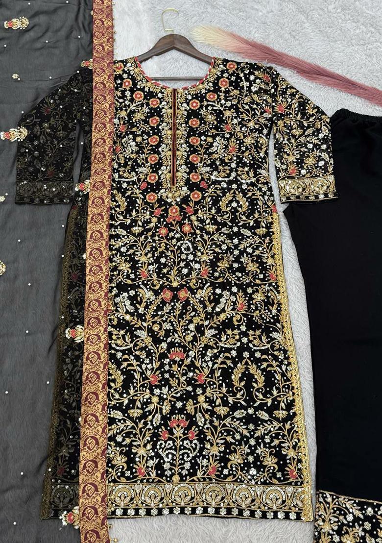 Black Embroidery Blended Kurta Set - Indya