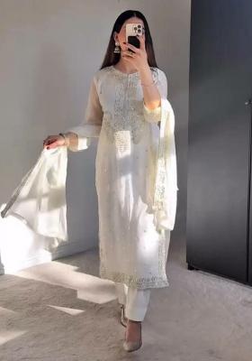 Off White Embroidery Blended Kurta Set