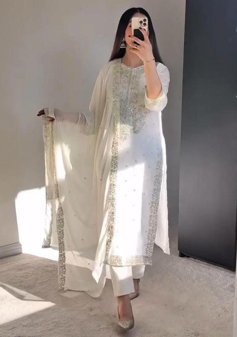 Off White Embroidery Blended Kurta Set - Indya