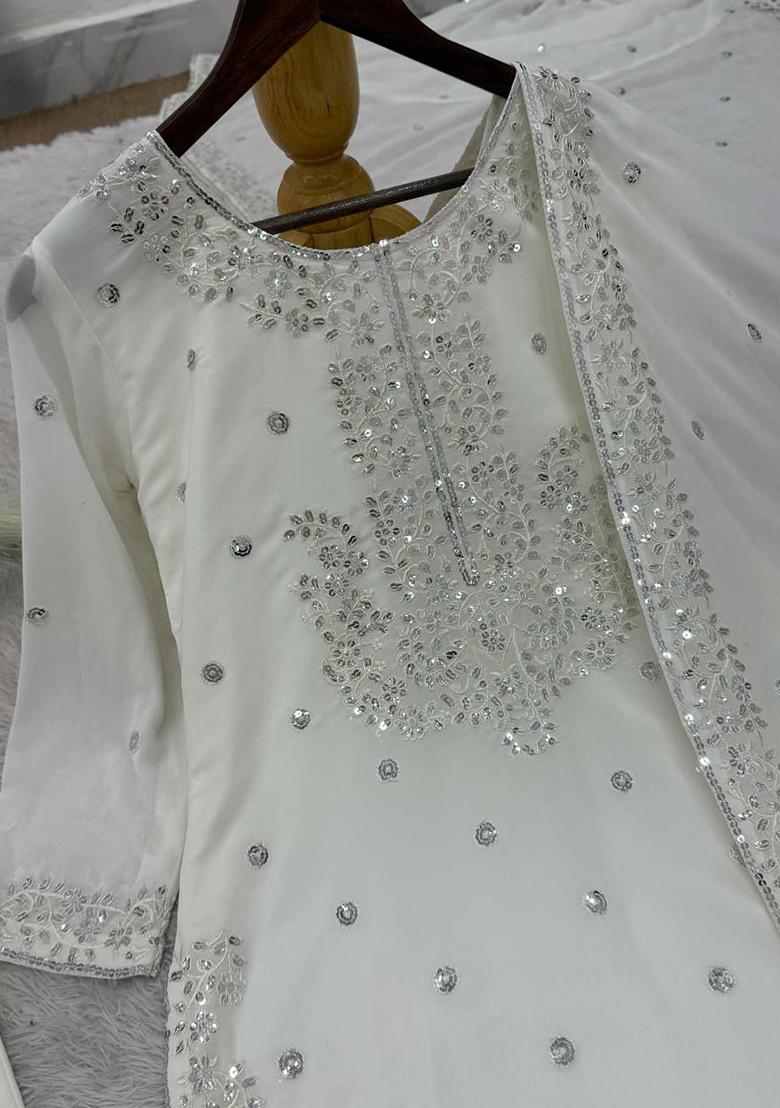 Off White Embroidery Blended Kurta Set - Indya