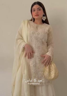 Off White Embroidery Blended Kurta Set