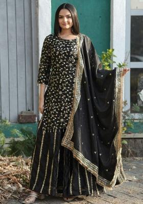 Black Embroidery Blended Kurta Set