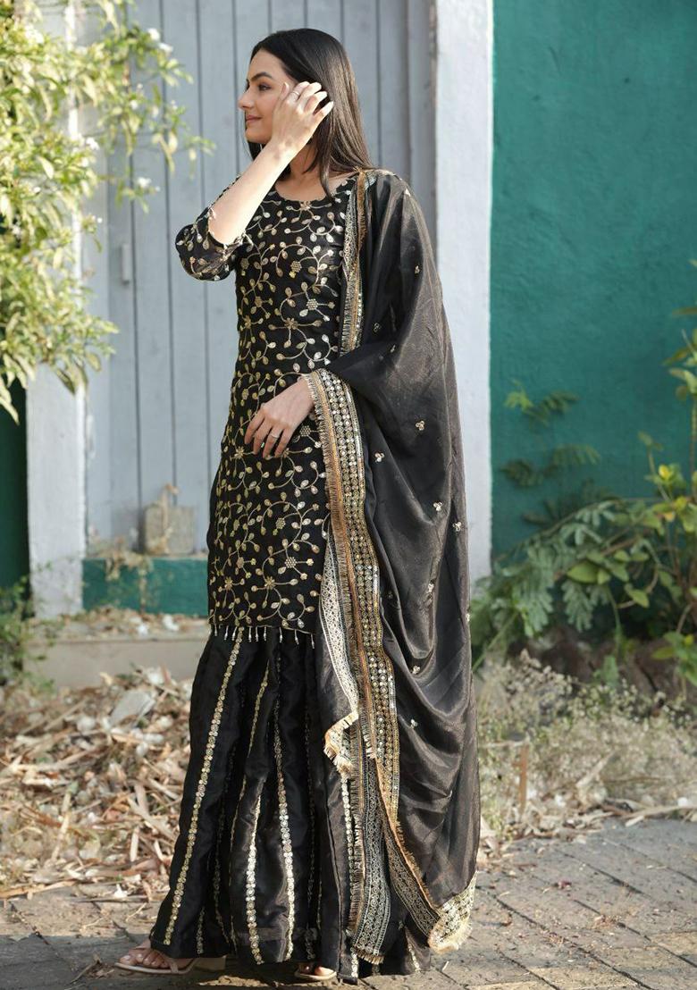 Black Embroidery Blended Kurta Set - Indya