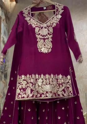 Wine Embroidery Blended Kurta Set