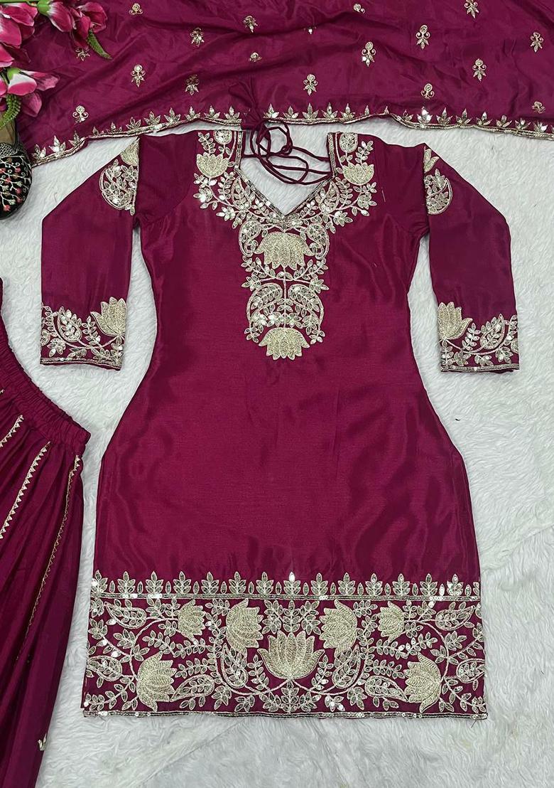 Wine Embroidery Blended Kurta Set - Indya