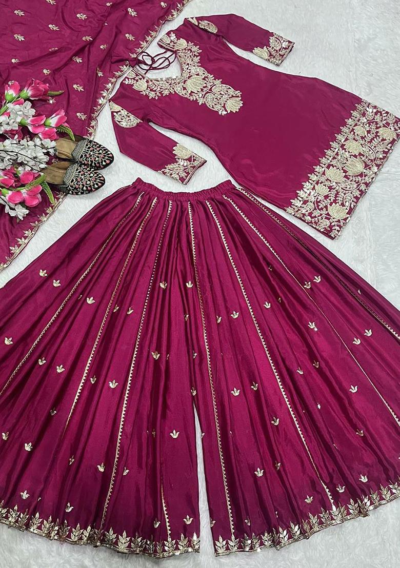 Wine Embroidery Blended Kurta Set - Indya