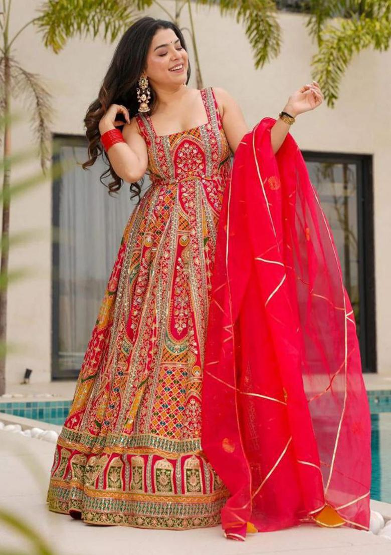 Orange Printed Blended Kurta Set - Indya