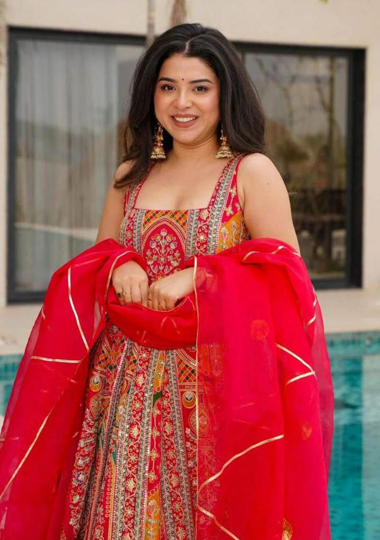 Orange Printed Blended Kurta Set - Indya