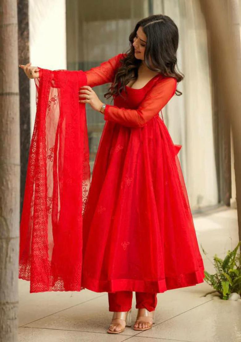 Red Solid Blended Kurta Set - Indya