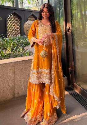 Yellow Embroidery Blended Kurta Set