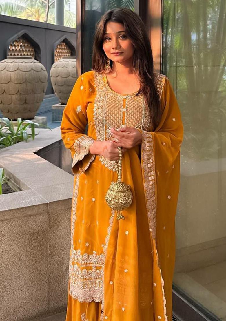 Yellow Embroidery Blended Kurta Set - Indya