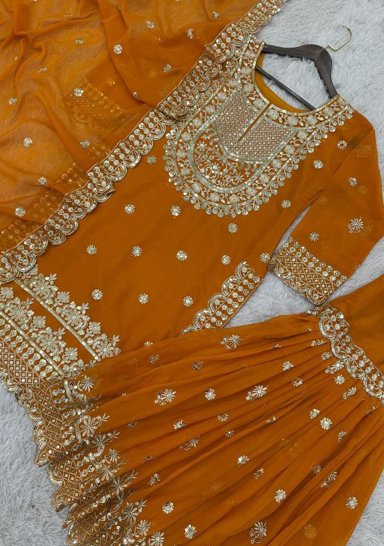 Yellow Embroidery Blended Kurta Set - Indya