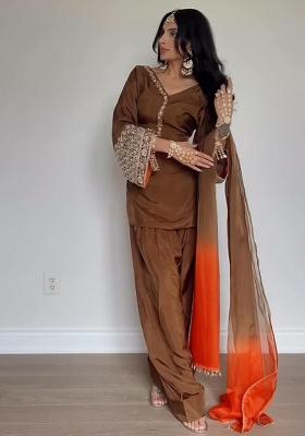 Brown Embroidery Blended Kurta Set