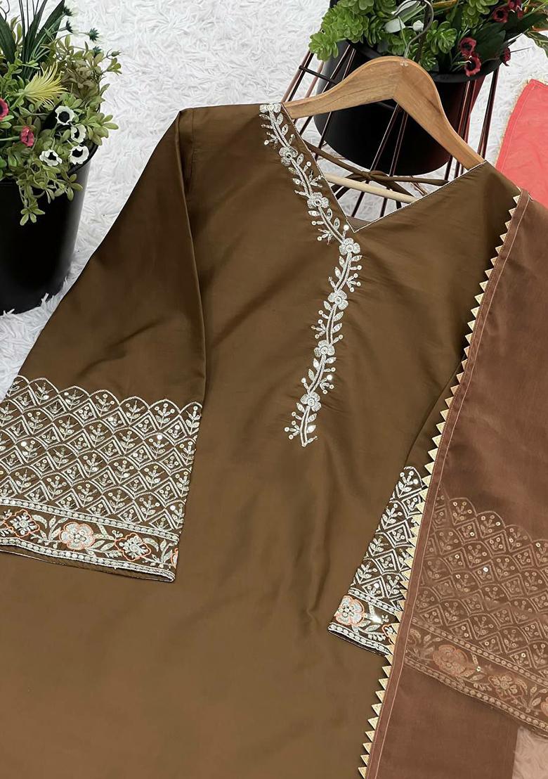 Brown Embroidery Blended Kurta Set - Indya