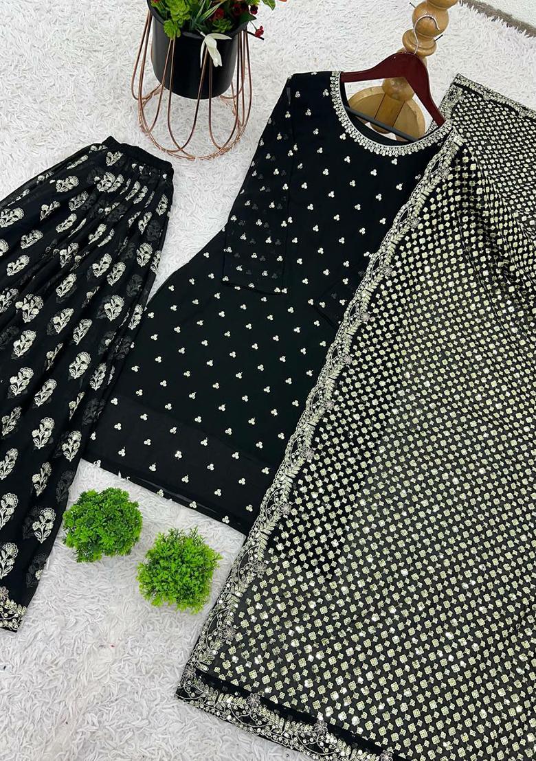 Black Embroidery Blended Kurta Set - Indya