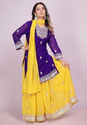 Purple Embroidery Blended Kurta Set