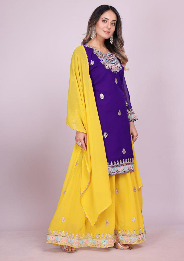 Purple Embroidery Blended Kurta Set - Indya