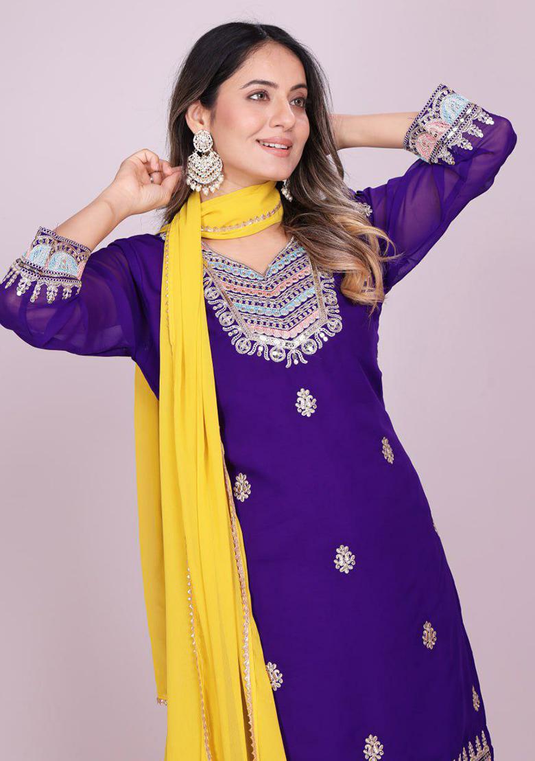 Purple Embroidery Blended Kurta Set - Indya