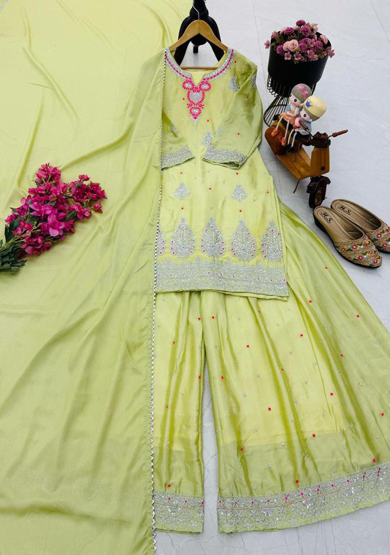 Yellow Embroidery Blended Kurta Set - Indya