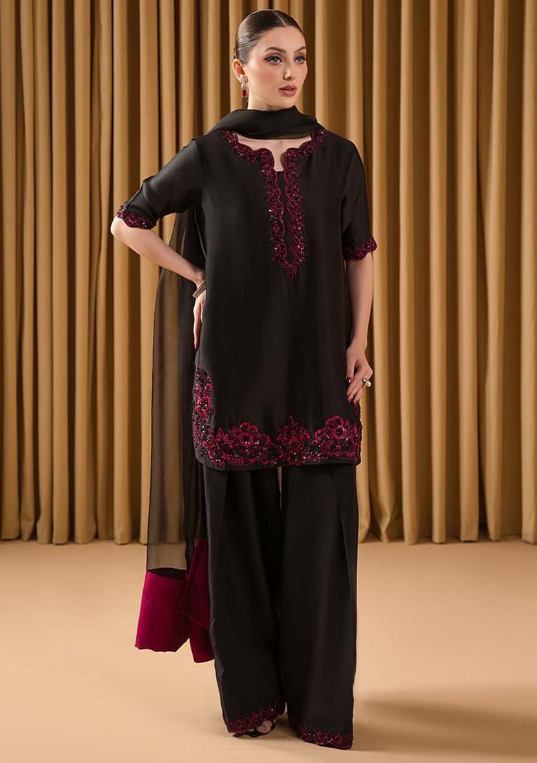 Black Embroidery Blended Kurta Set - Indya